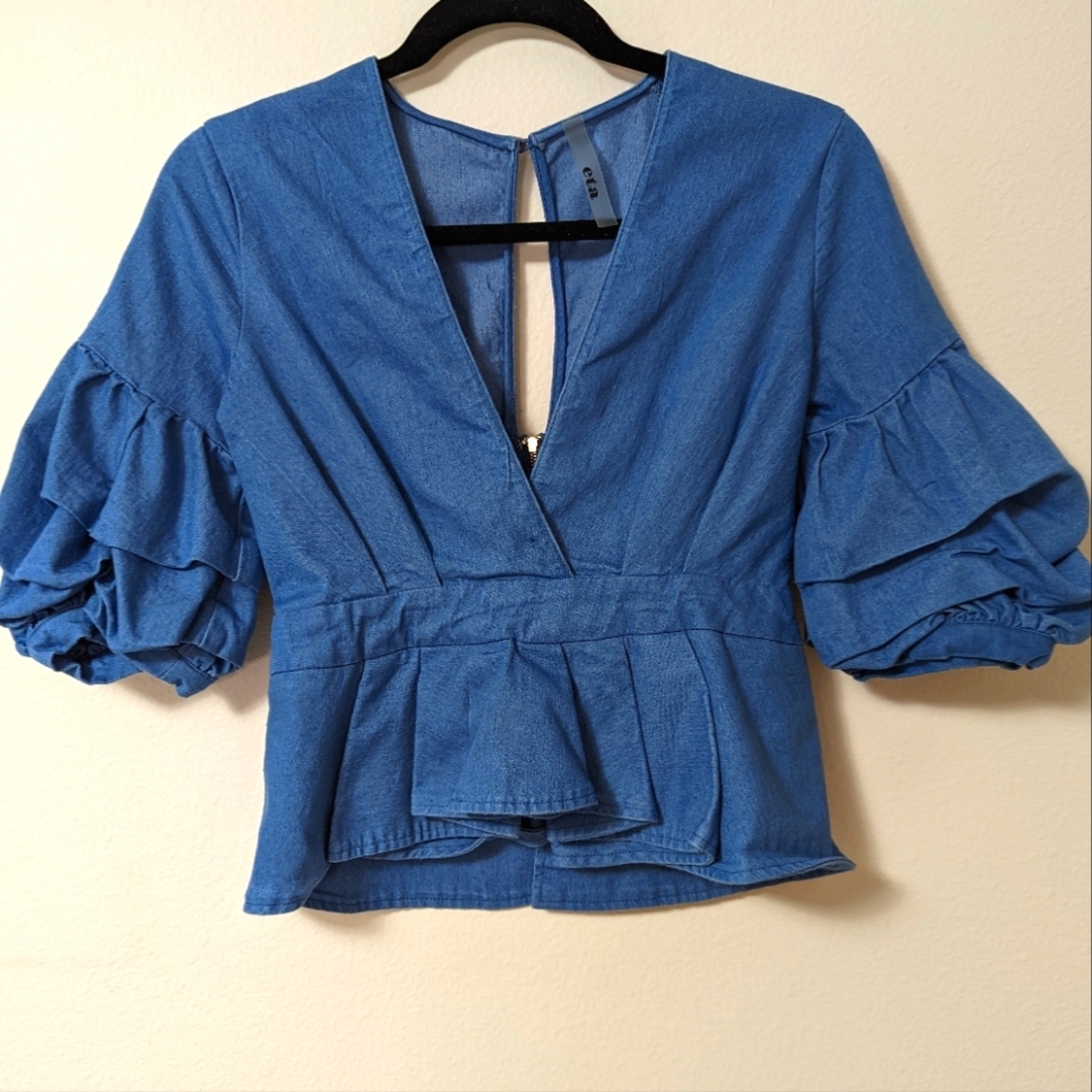 ETA puff sleeve, deep v neck jean top